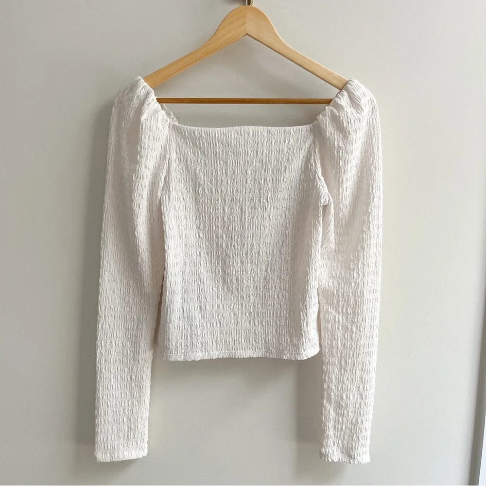 H&M White Smocked Puff Sleeve Or Off The Shoulder Long Sleeve Top XS